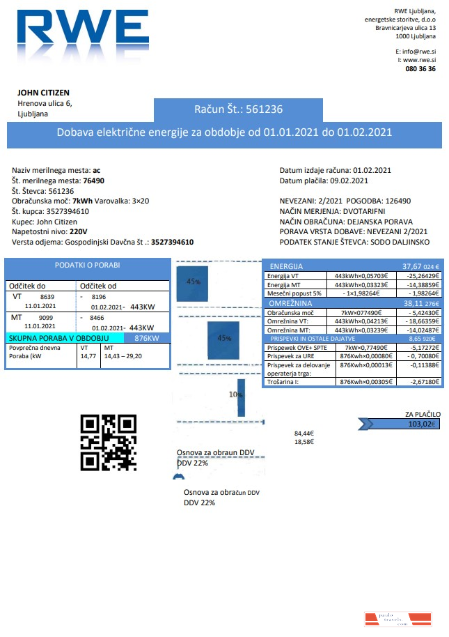 Slovenia RWE electricity proof of address utility bill template in Word and PDF format